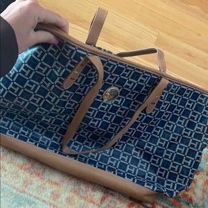 Tommy Hilfiger blue and tan logo tote